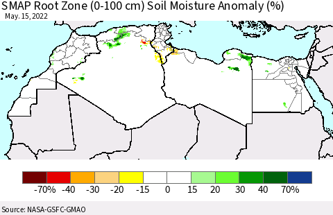 North Africa SMAP Root Zone (0-100 cm) Soil Moisture Anomaly (%) Thematic Map For 5/11/2022 - 5/15/2022