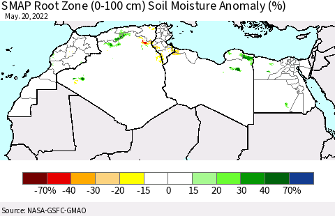 North Africa SMAP Root Zone (0-100 cm) Soil Moisture Anomaly (%) Thematic Map For 5/16/2022 - 5/20/2022
