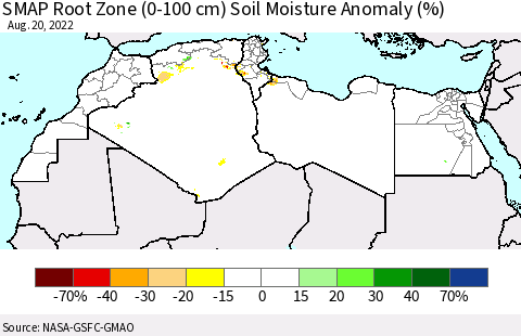 North Africa SMAP Root Zone (0-100 cm) Soil Moisture Anomaly (%) Thematic Map For 8/16/2022 - 8/20/2022