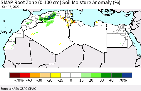 North Africa SMAP Root Zone (0-100 cm) Soil Moisture Anomaly (%) Thematic Map For 10/11/2022 - 10/15/2022