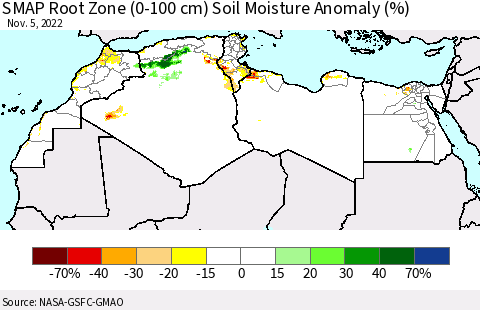 North Africa SMAP Root Zone (0-100 cm) Soil Moisture Anomaly (%) Thematic Map For 11/1/2022 - 11/5/2022