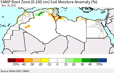 North Africa SMAP Root Zone (0-100 cm) Soil Moisture Anomaly (%) Thematic Map For 11/16/2022 - 11/20/2022