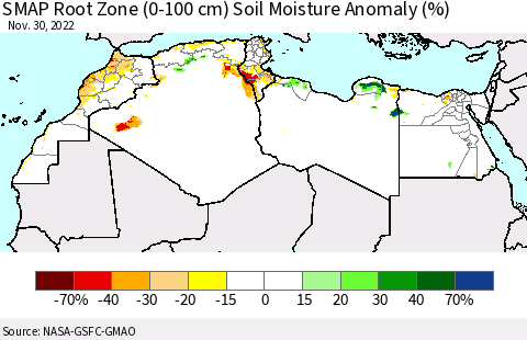 North Africa SMAP Root Zone (0-100 cm) Soil Moisture Anomaly (%) Thematic Map For 11/26/2022 - 11/30/2022