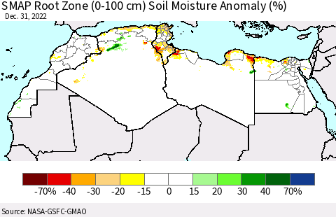 North Africa SMAP Root Zone (0-100 cm) Soil Moisture Anomaly (%) Thematic Map For 12/26/2022 - 12/31/2022
