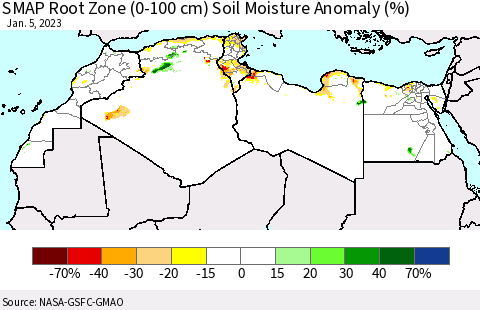 North Africa SMAP Root Zone (0-100 cm) Soil Moisture Anomaly (%) Thematic Map For 1/1/2023 - 1/5/2023