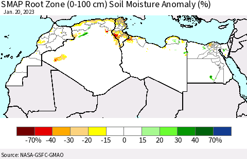 North Africa SMAP Root Zone (0-100 cm) Soil Moisture Anomaly (%) Thematic Map For 1/16/2023 - 1/20/2023