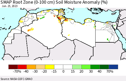 North Africa SMAP Root Zone (0-100 cm) Soil Moisture Anomaly (%) Thematic Map For 1/21/2023 - 1/25/2023