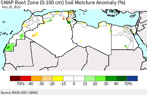 North Africa SMAP Root Zone (0-100 cm) Soil Moisture Anomaly (%) Thematic Map For 2/6/2023 - 2/10/2023