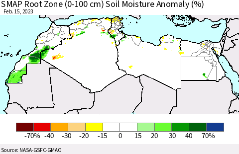 North Africa SMAP Root Zone (0-100 cm) Soil Moisture Anomaly (%) Thematic Map For 2/11/2023 - 2/15/2023