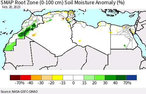 North Africa SMAP Root Zone (0-100 cm) Soil Moisture Anomaly (%) Thematic Map For 2/16/2023 - 2/20/2023