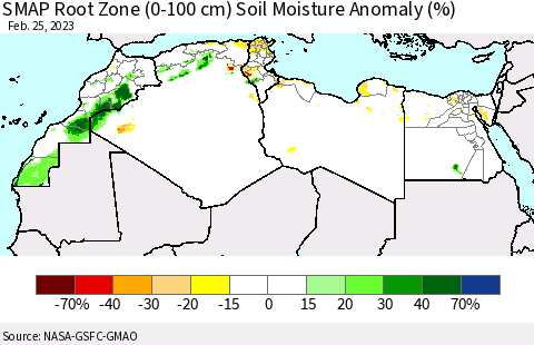 North Africa SMAP Root Zone (0-100 cm) Soil Moisture Anomaly (%) Thematic Map For 2/21/2023 - 2/25/2023