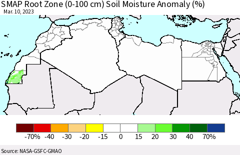 North Africa SMAP Root Zone (0-100 cm) Soil Moisture Anomaly (%) Thematic Map For 3/6/2023 - 3/10/2023