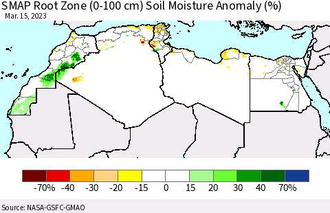 North Africa SMAP Root Zone (0-100 cm) Soil Moisture Anomaly (%) Thematic Map For 3/11/2023 - 3/15/2023
