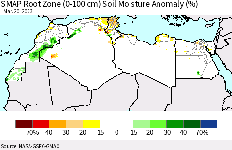 North Africa SMAP Root Zone (0-100 cm) Soil Moisture Anomaly (%) Thematic Map For 3/16/2023 - 3/20/2023