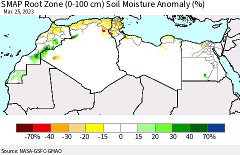 North Africa SMAP Root Zone (0-100 cm) Soil Moisture Anomaly (%) Thematic Map For 3/21/2023 - 3/25/2023