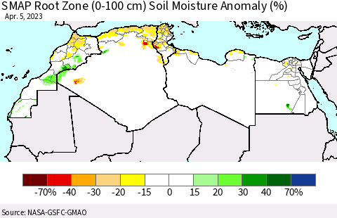 North Africa SMAP Root Zone (0-100 cm) Soil Moisture Anomaly (%) Thematic Map For 4/1/2023 - 4/5/2023
