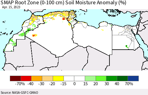 North Africa SMAP Root Zone (0-100 cm) Soil Moisture Anomaly (%) Thematic Map For 4/11/2023 - 4/15/2023