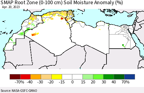 North Africa SMAP Root Zone (0-100 cm) Soil Moisture Anomaly (%) Thematic Map For 4/16/2023 - 4/20/2023