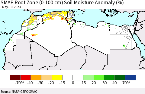 North Africa SMAP Root Zone (0-100 cm) Soil Moisture Anomaly (%) Thematic Map For 5/6/2023 - 5/10/2023