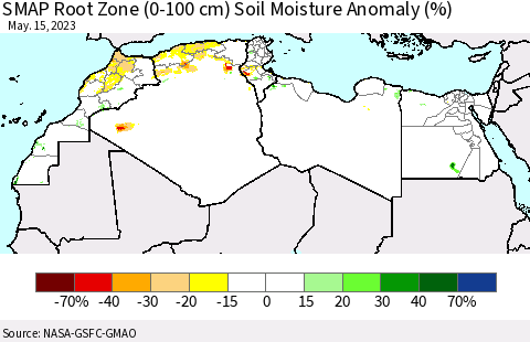 North Africa SMAP Root Zone (0-100 cm) Soil Moisture Anomaly (%) Thematic Map For 5/11/2023 - 5/15/2023