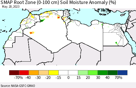 North Africa SMAP Root Zone (0-100 cm) Soil Moisture Anomaly (%) Thematic Map For 5/16/2023 - 5/20/2023