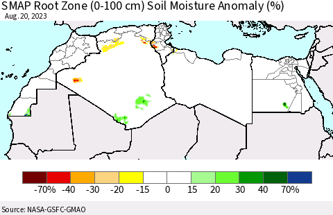 North Africa SMAP Root Zone (0-100 cm) Soil Moisture Anomaly (%) Thematic Map For 8/16/2023 - 8/20/2023