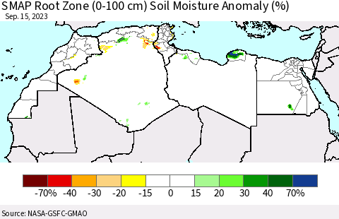 North Africa SMAP Root Zone (0-100 cm) Soil Moisture Anomaly (%) Thematic Map For 9/11/2023 - 9/15/2023