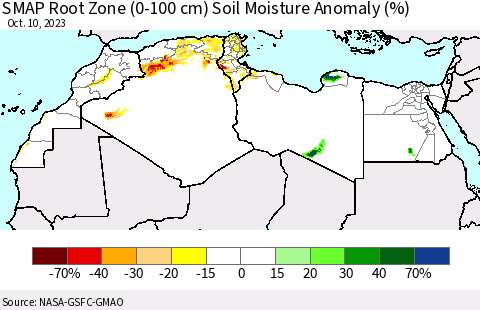 North Africa SMAP Root Zone (0-100 cm) Soil Moisture Anomaly (%) Thematic Map For 10/6/2023 - 10/10/2023