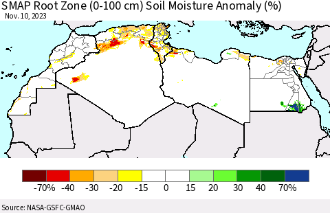 North Africa SMAP Root Zone (0-100 cm) Soil Moisture Anomaly (%) Thematic Map For 11/6/2023 - 11/10/2023