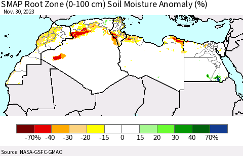 North Africa SMAP Root Zone (0-100 cm) Soil Moisture Anomaly (%) Thematic Map For 11/26/2023 - 11/30/2023