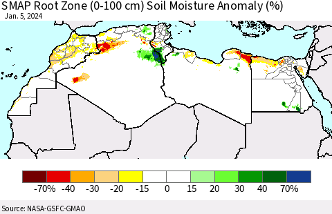 North Africa SMAP Root Zone (0-100 cm) Soil Moisture Anomaly (%) Thematic Map For 1/1/2024 - 1/5/2024