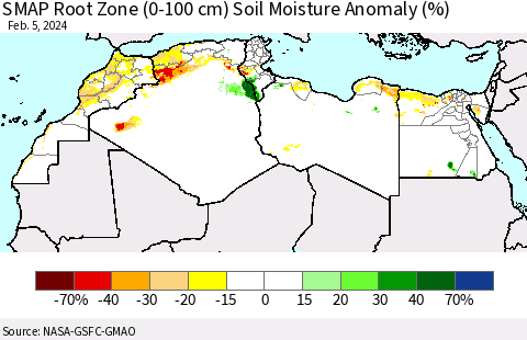 North Africa SMAP Root Zone (0-100 cm) Soil Moisture Anomaly (%) Thematic Map For 2/1/2024 - 2/5/2024
