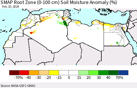 North Africa SMAP Root Zone (0-100 cm) Soil Moisture Anomaly (%) Thematic Map For 2/6/2024 - 2/10/2024