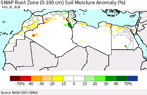 North Africa SMAP Root Zone (0-100 cm) Soil Moisture Anomaly (%) Thematic Map For 2/16/2024 - 2/20/2024