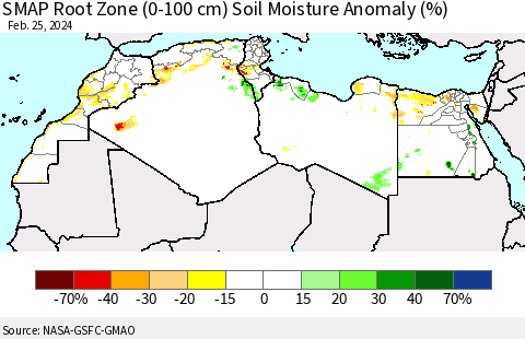 North Africa SMAP Root Zone (0-100 cm) Soil Moisture Anomaly (%) Thematic Map For 2/21/2024 - 2/25/2024