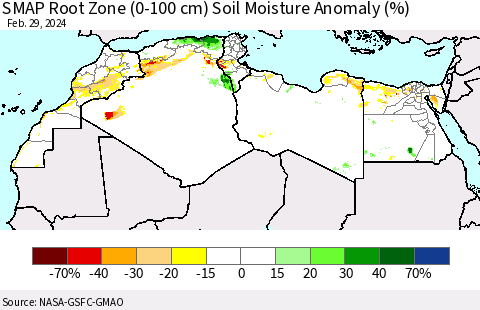 North Africa SMAP Root Zone (0-100 cm) Soil Moisture Anomaly (%) Thematic Map For 2/26/2024 - 2/29/2024
