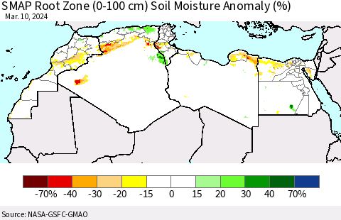 North Africa SMAP Root Zone (0-100 cm) Soil Moisture Anomaly (%) Thematic Map For 3/6/2024 - 3/10/2024