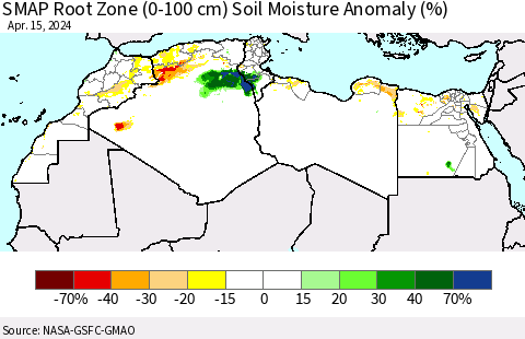 North Africa SMAP Root Zone (0-100 cm) Soil Moisture Anomaly (%) Thematic Map For 4/11/2024 - 4/15/2024