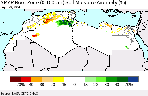 North Africa SMAP Root Zone (0-100 cm) Soil Moisture Anomaly (%) Thematic Map For 4/16/2024 - 4/20/2024