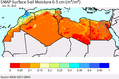 North Africa SMAP Surface (0-5 cm) Soil Moisture (m³/m³) Thematic Map For 1/6/2021 - 1/10/2021