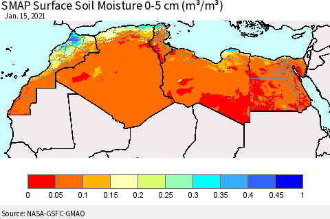 North Africa SMAP Surface (0-5 cm) Soil Moisture (m³/m³) Thematic Map For 1/11/2021 - 1/15/2021