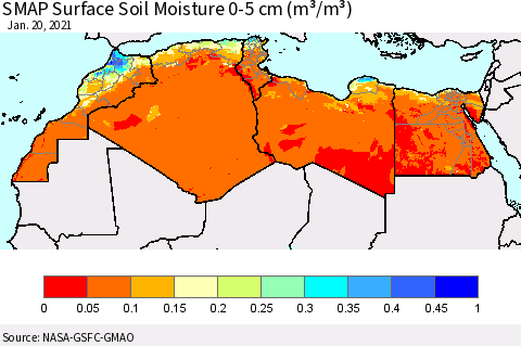 North Africa SMAP Surface (0-5 cm) Soil Moisture (m³/m³) Thematic Map For 1/16/2021 - 1/20/2021