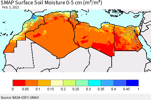 North Africa SMAP Surface (0-5 cm) Soil Moisture (m³/m³) Thematic Map For 2/1/2021 - 2/5/2021