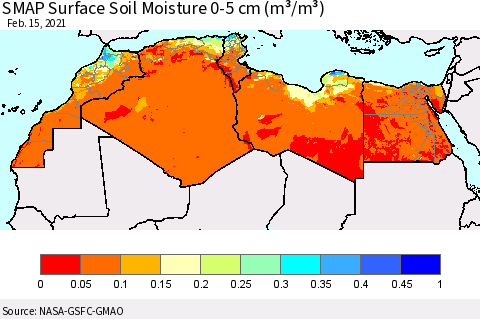 North Africa SMAP Surface (0-5 cm) Soil Moisture (m³/m³) Thematic Map For 2/11/2021 - 2/15/2021