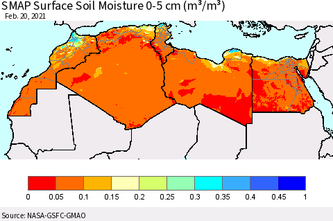 North Africa SMAP Surface (0-5 cm) Soil Moisture (m³/m³) Thematic Map For 2/16/2021 - 2/20/2021