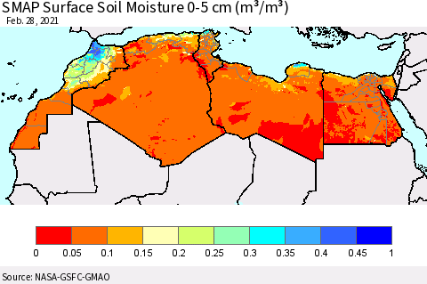 North Africa SMAP Surface (0-5 cm) Soil Moisture (m³/m³) Thematic Map For 2/26/2021 - 2/28/2021
