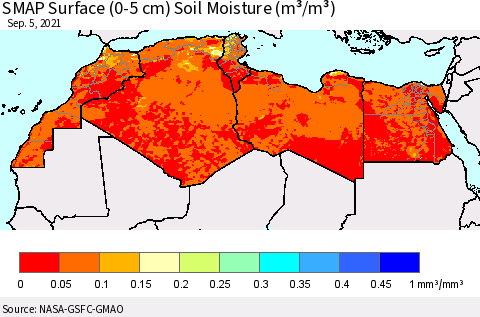 North Africa SMAP Surface (0-5 cm) Soil Moisture (m³/m³) Thematic Map For 9/1/2021 - 9/5/2021