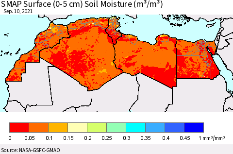 North Africa SMAP Surface (0-5 cm) Soil Moisture (m³/m³) Thematic Map For 9/6/2021 - 9/10/2021