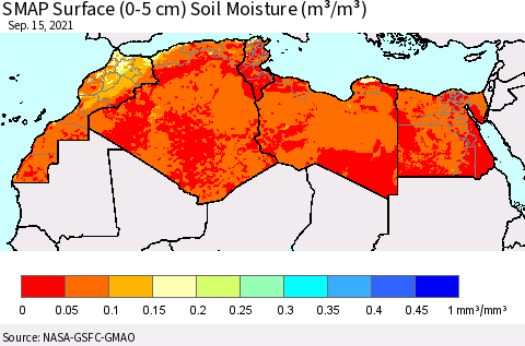 North Africa SMAP Surface (0-5 cm) Soil Moisture (m³/m³) Thematic Map For 9/11/2021 - 9/15/2021