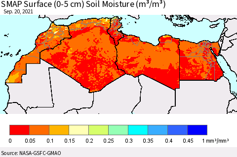 North Africa SMAP Surface (0-5 cm) Soil Moisture (m³/m³) Thematic Map For 9/16/2021 - 9/20/2021